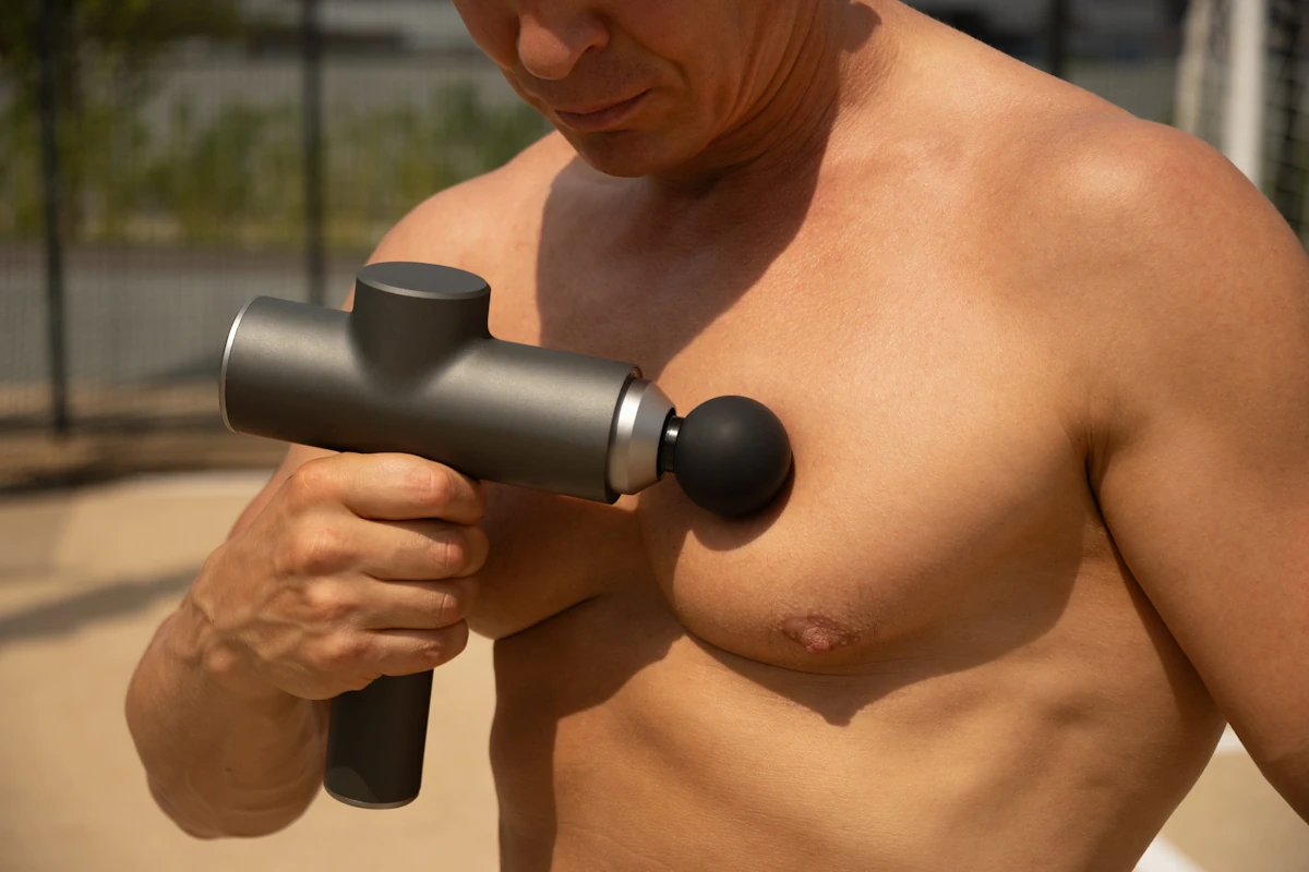Un homme qui utilise un pistolet de massage sur son torse